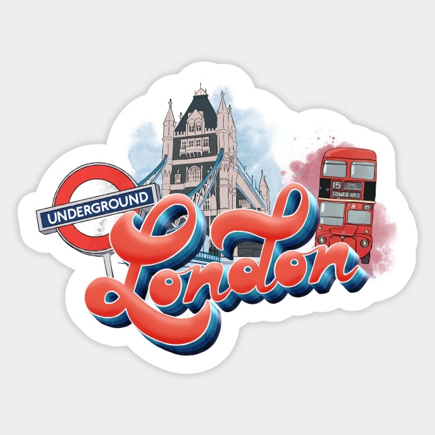 London Design with Landmarks | Artist Designed Illustration Featuring London Landmarks | Retro London Design with Tower Bridge, London Bus and Underground Sign Sticker by creativebakergb